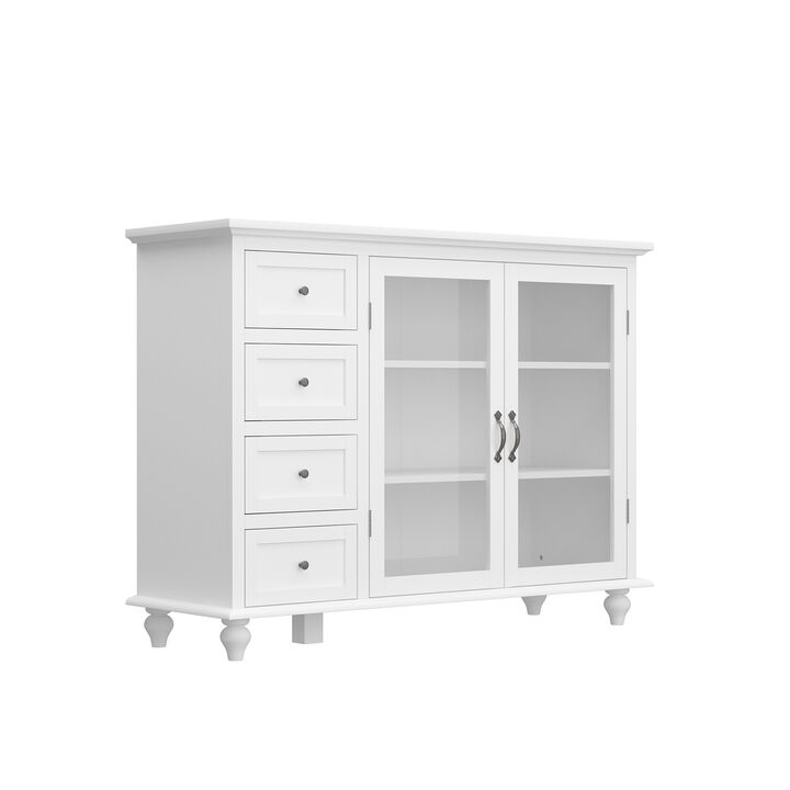 White Wooden Accent Storage Cabinet, Sideboard, Wine Storage Cabinet with 4 Drawers and 3-Tier of Shelf