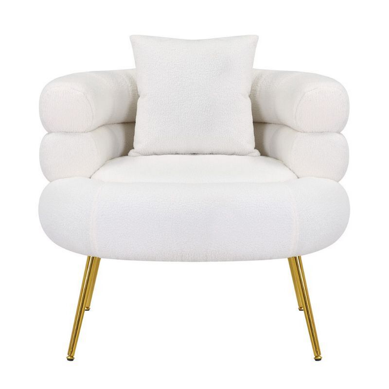 Lisa 34 Inch Accent Chair, Barrel Shaped, Soft Ivory Teddy Upholstery, Gold - Benzara