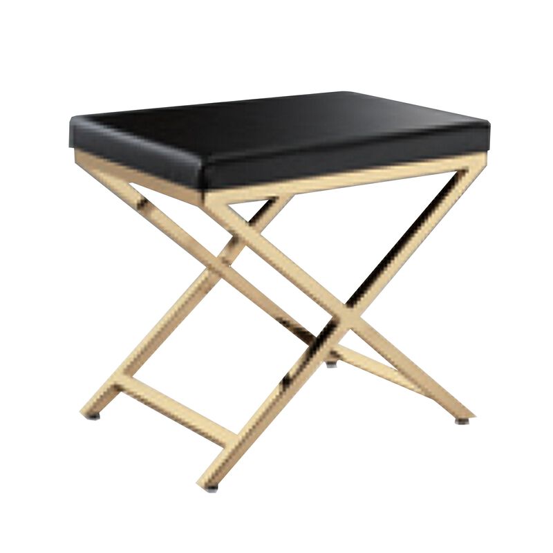 Myra 21 Inch Accent Stool, Gray Faux Leather, Gold Finished Cross Legs - Benzara