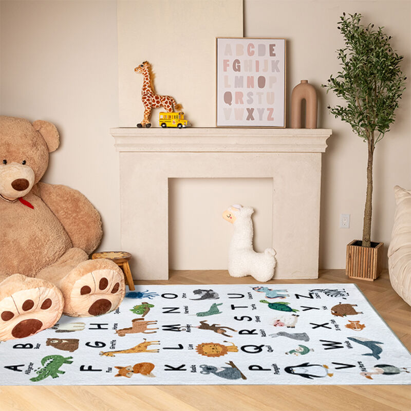 Soft Steps Playtime Alphabet Animals White Beige Indoor Soft Area Rug