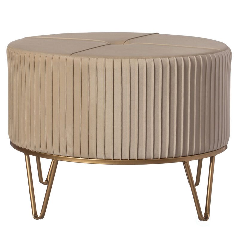 Round Velvet Ottoman Stool Raised with Hairpin Gold Base, Cream, Large