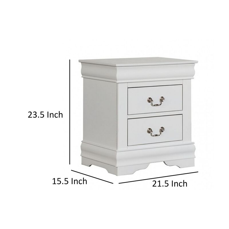 Ryla Nightstand, 2 Drawers, Classic White Solid Wood, Nickel Metal Handles