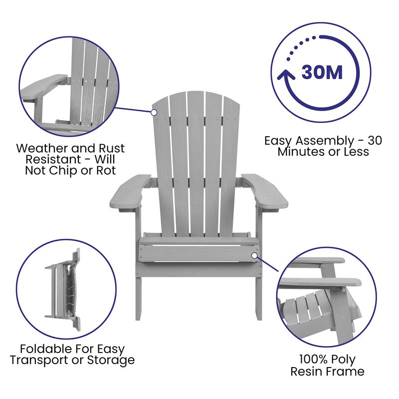 Flash Furniture Charlestown Commercial Folding Adirondack Chair - Gray - Poly Resin - Indoor/Outdoor - Weather Resistant