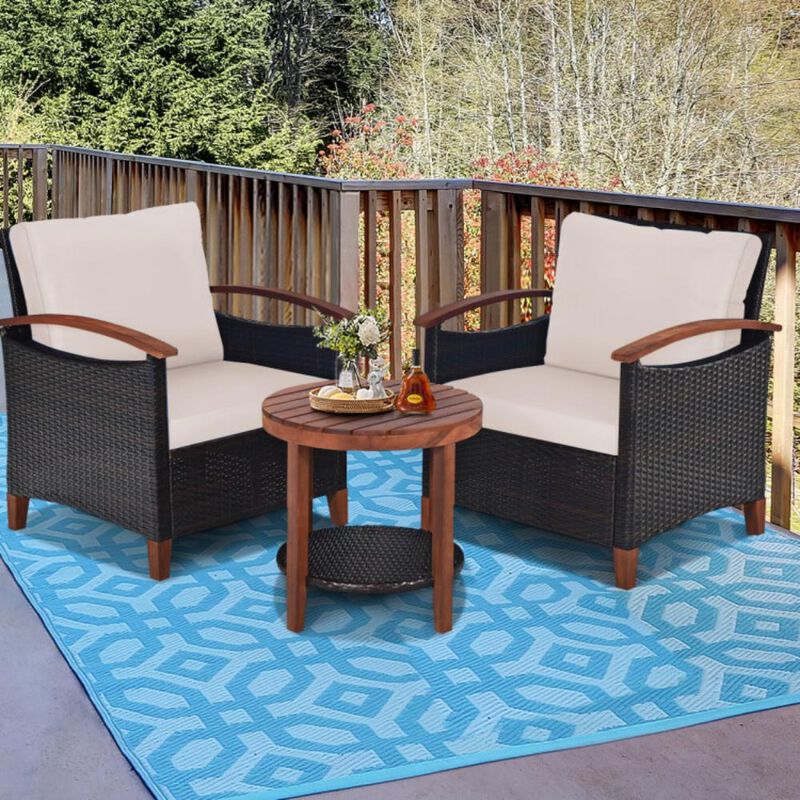 Hivvago 3 Pieces Patio Wicker Furniture Set with Washable Cushion and Acacia Wood Tabletop