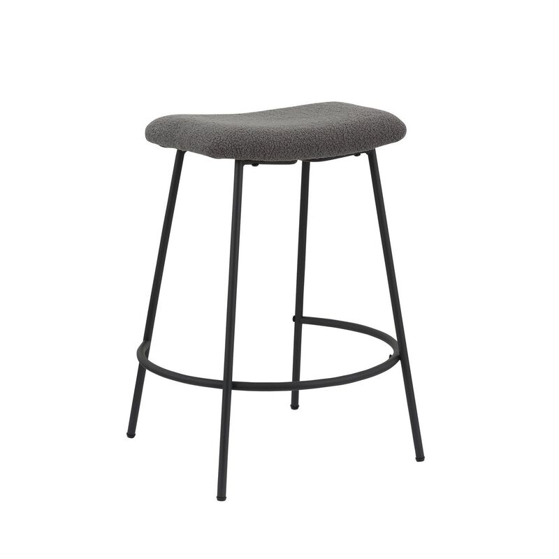 Ast 26 Inch Set of 2 Counter Height Stools, Saddle Seat,  Black Metal, Gray - Benzara