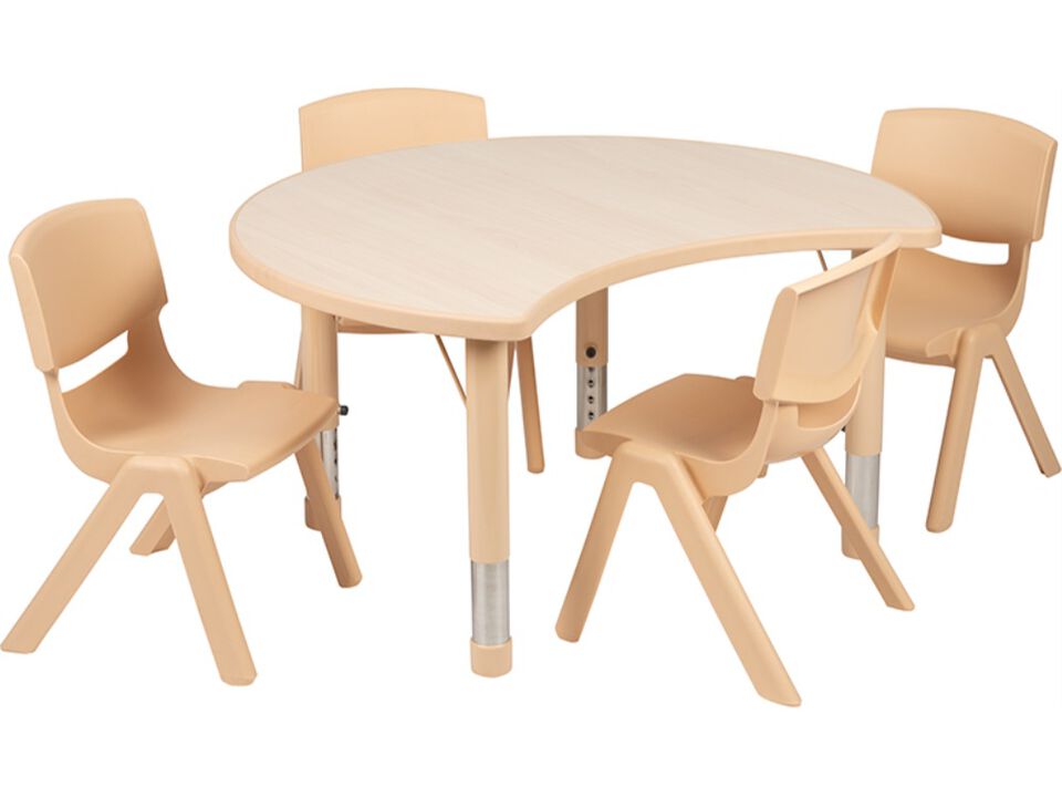 Flash Furniture Emmy 25.125"W x 35.5"L Crescent Natural Plastic Height Adjustable Activity Table Set with 4 Chairs