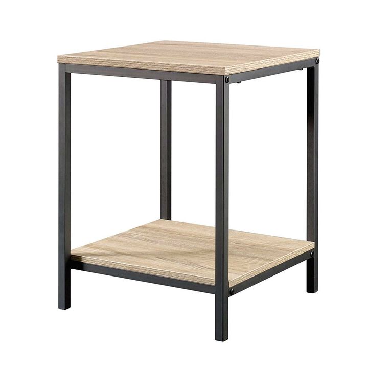 Hivvago Modern Black Metal Frame End Table with Oak Finish Wood Top and Bottom Shelf