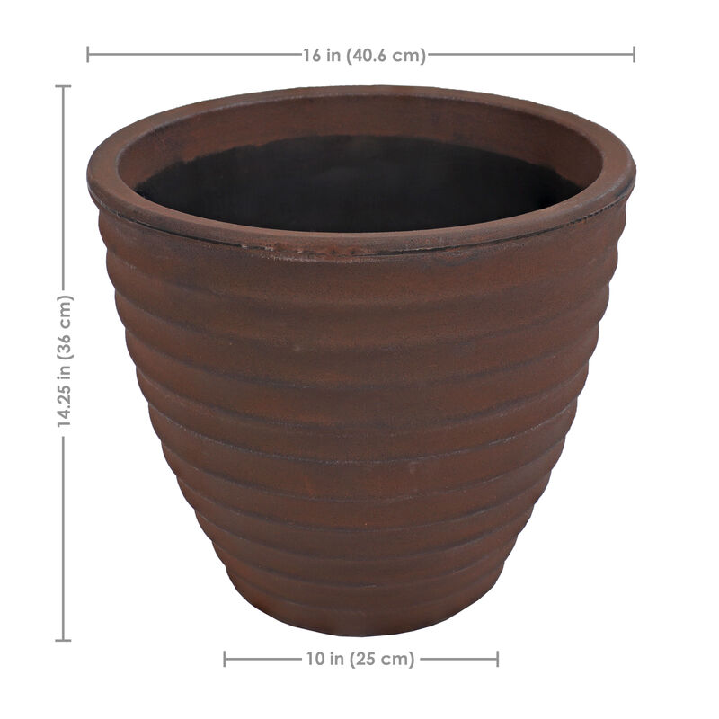 Sunnydaze 16 in Ribbed Polyresin Outdoor Planter - Rust - Set of 2