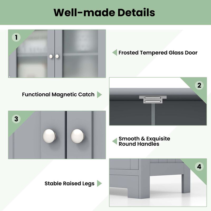 Costway Bathroom Floor Storage Cabinet Kitchen Cupboard with 2 Drawers & Glass Doors Grey