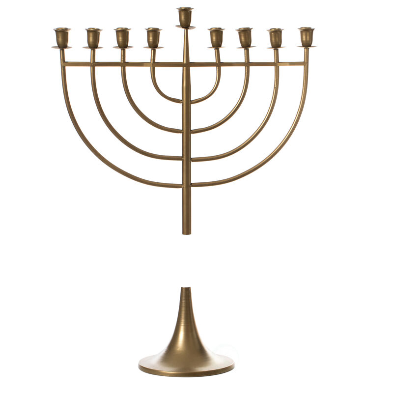 Modern Solid Metal Judaica Hanukkah Menorah 9 Branched Candelabra, Gold Medium