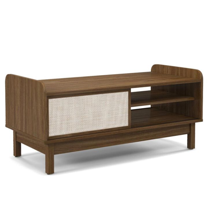 Hivvago Mid-Century Center Table with Storage and Weaving Sliding Door & Adjustable Shelf-Walnut