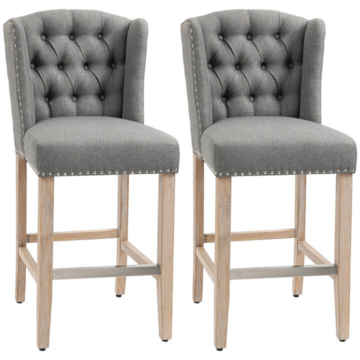 Counter Height Bar Stools Set of 2, Upholstered 26.75" Seat Height Barstools, Breakfast Chairs with Nailhead-Trim, Tufted Back and Wood Legs