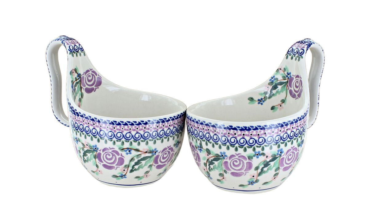 Blue Rose Polish Pottery Majestic Pansy Soup Mug Set