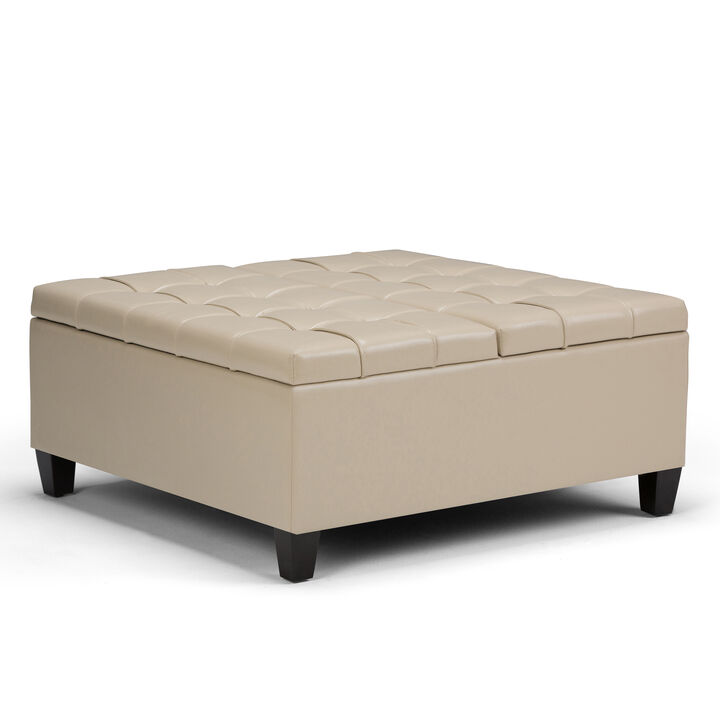 Harrison 36 inch Wide Transitional Square Coffee Table Storage Ottoman in Satin Cream Vegan Faux Leather, Assembled