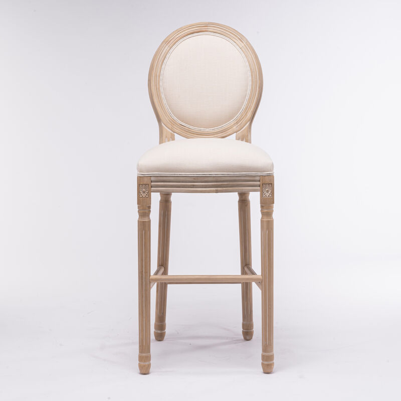 French Country Wooden Barstools With Upholstered Seating, Beige and Natural, Set of 2