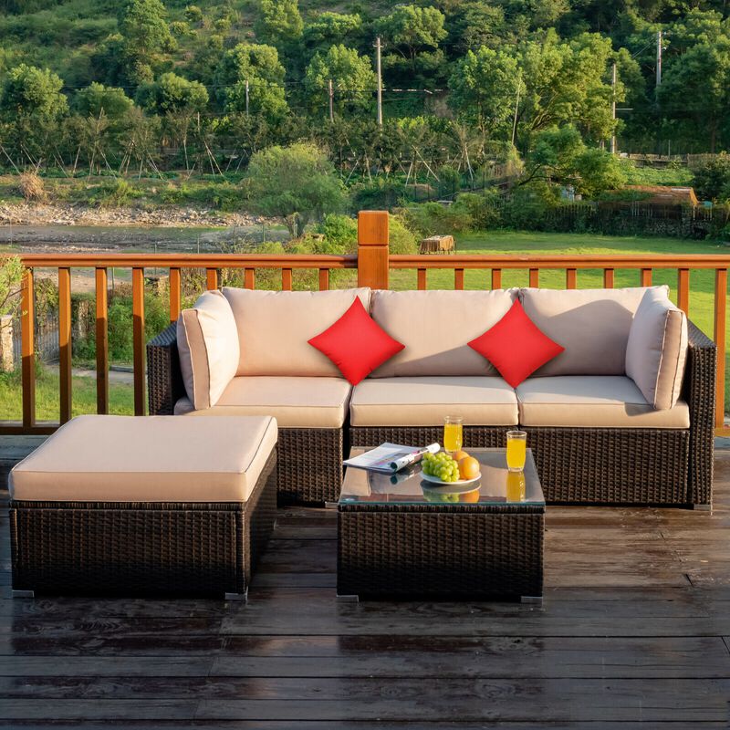 5 Pcs Outdoor Patio Rattan Furniture Set Sectional Conversation with Navy Cushions