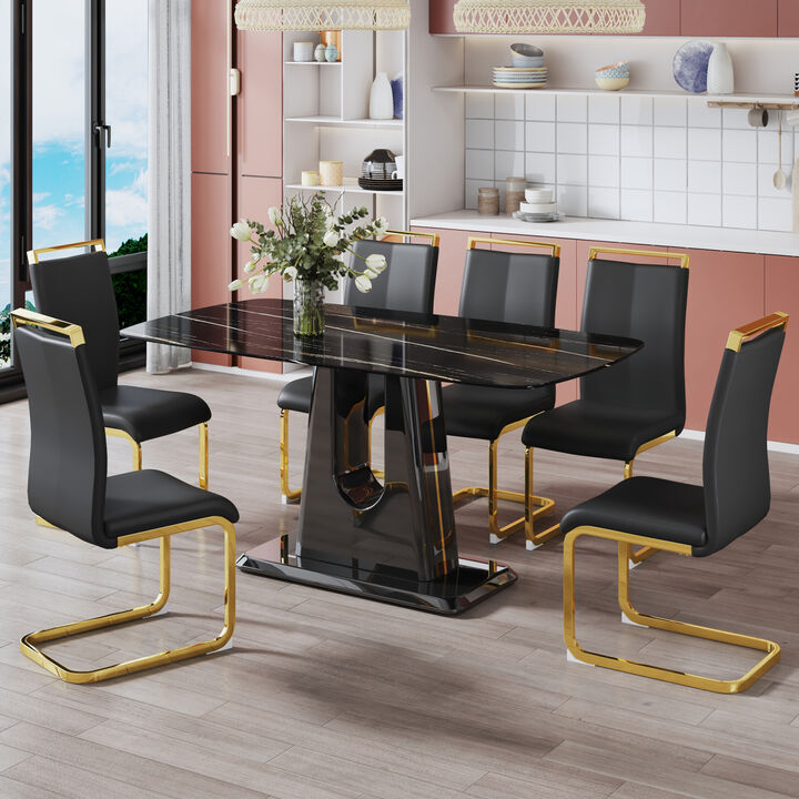 1 table and 6 chairs. Modern, simple and luxurious black imitation marble rectangular dining table and desk with 6 black PU gold plated leg chairs 63" x 35.4" X 30"