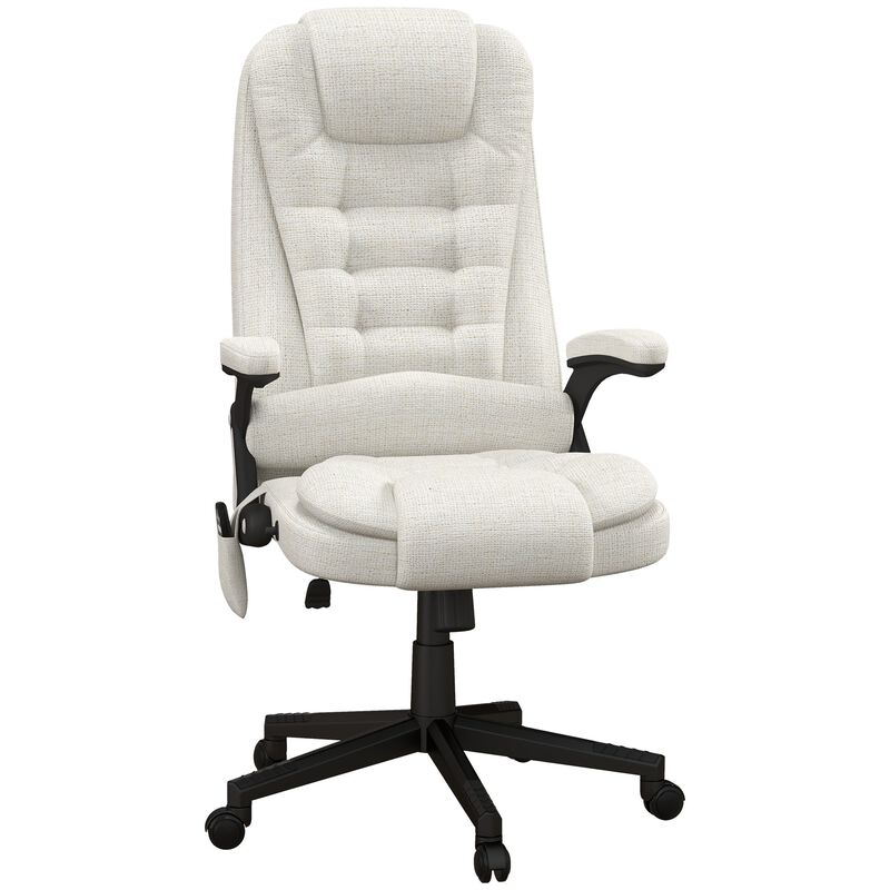 High-Back Linen Office Chair with 6-Point Vibrating Heated Massage, Reclining Backrest, Padded Armrests, and Remote, in Cream White