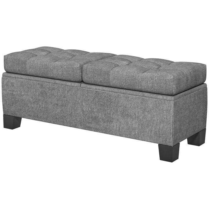 46" Gray Storage Ottoman: Button Tufted, Steel Frame