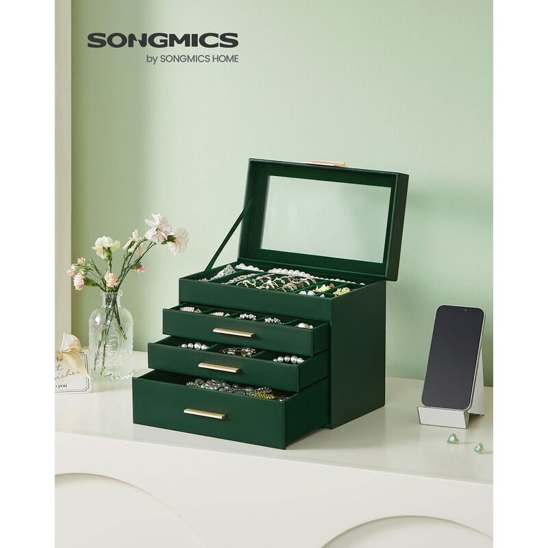 4-Layer Jewelry Box with Glass Lid and 3 Drawers - Modern Organizer for Sunglasses and Big Jewelry