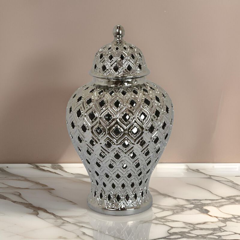 Deni 18 Inch Temple Jar, Pierced, Carved Lattice Design, Lid, Silver - Benzara