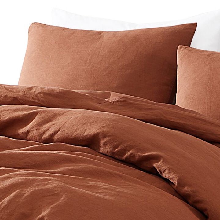 Edge 4 Piece Queen Size Duvet Comforter Set, Washed Linen, Rust Orange - Benzara