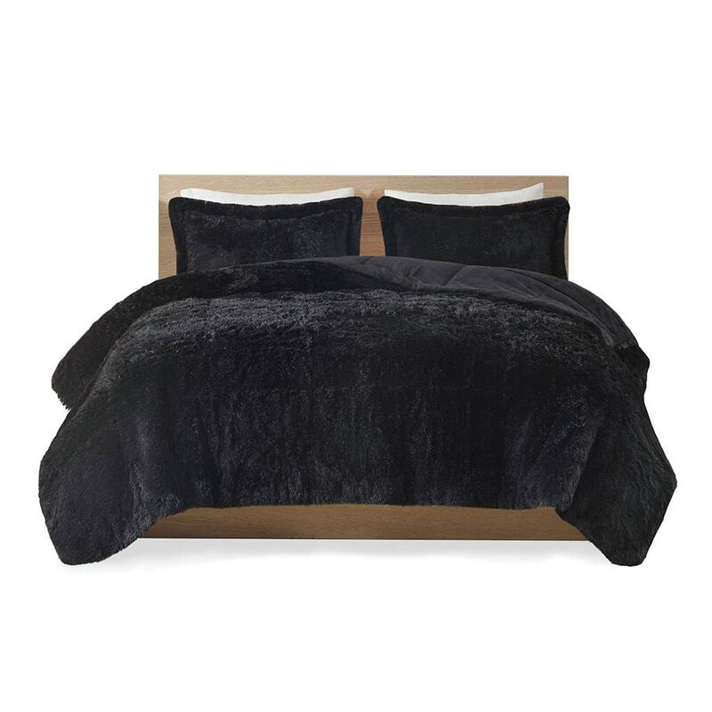 Hivvago King/CAL King Black Soft Sherpa Faux Fur 3 Piece Comforter Set with Pillow Shams