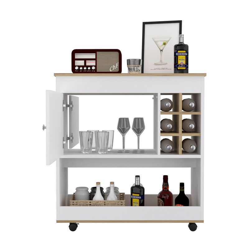 Camelia Bar Cart, Lower Panel, Six Bottle Cubbies, One Cabinet -Light Oak / White