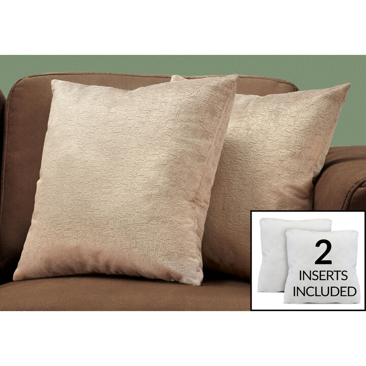Monarch Specialties I 9271 Pillows, Set Of 2, 18 X 18 Square, Insert Included, Decorative Throw, Accent, Sofa, Couch, Bedroom, Polyester, Hypoallergenic, Beige, Modern