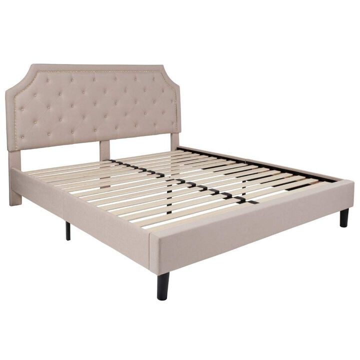 Flash Furniture Brighton King Size Tufted Upholstered Platform Bed in Beige Fabric