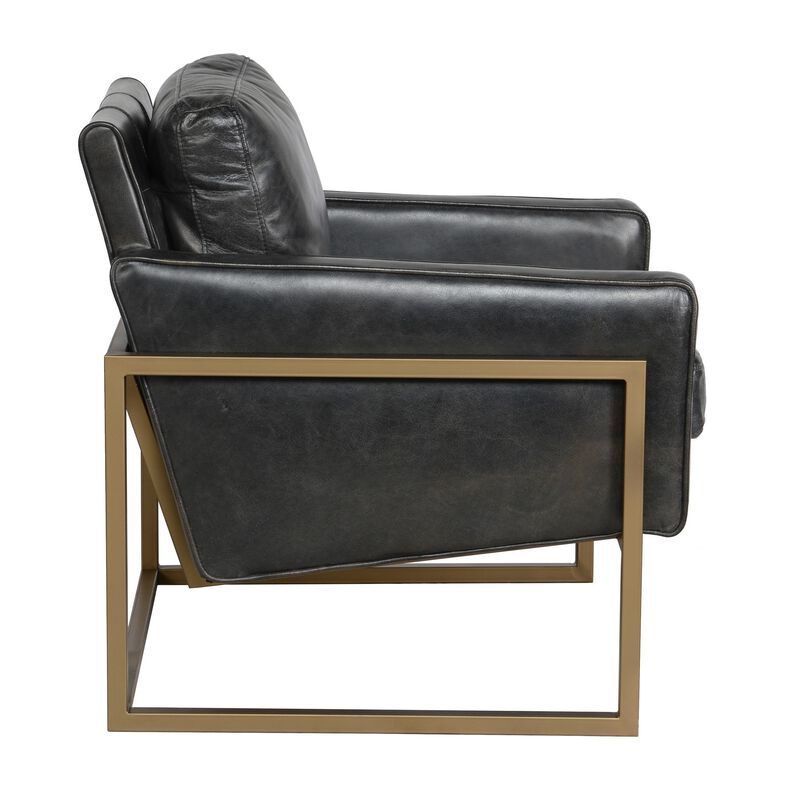 30 Inch Classic Club Chair, Top Grain Black Leather Upholstery, Brass Frame-Benzara