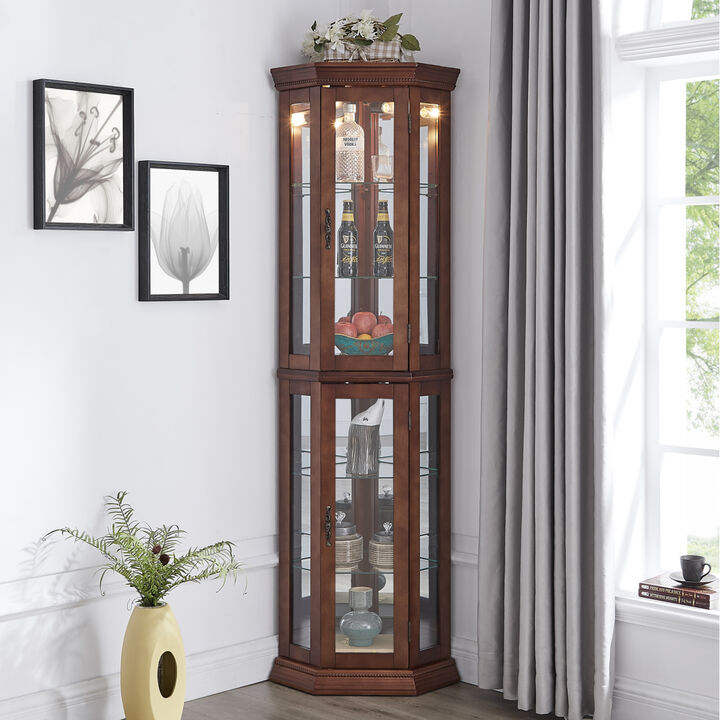 Corner Curio Cabinet with Lights, Adjustable Tempered Glass Shelves, Mirrored Back, Display Cabinet,Walnut (E26 light bulb not included)