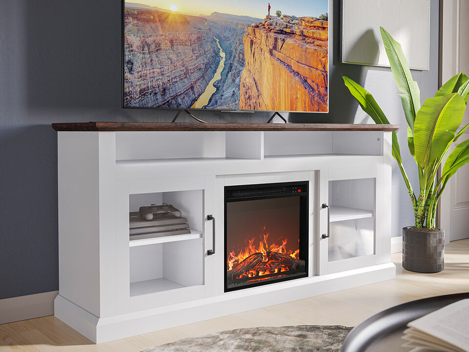 BELLEZE Modern 60" Traditional TV Stand with 18" Electric Fireplace Heater & Media Entertainment Center Console Table for TV up to 65" with Open Storage Shelves & Cabinets - Cayman (White)