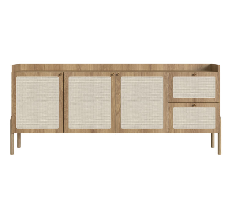 Boho 72"L X32"H  Sideboard Wood Legs Rattan 3 Door -2-Drawer-Coastal Oak