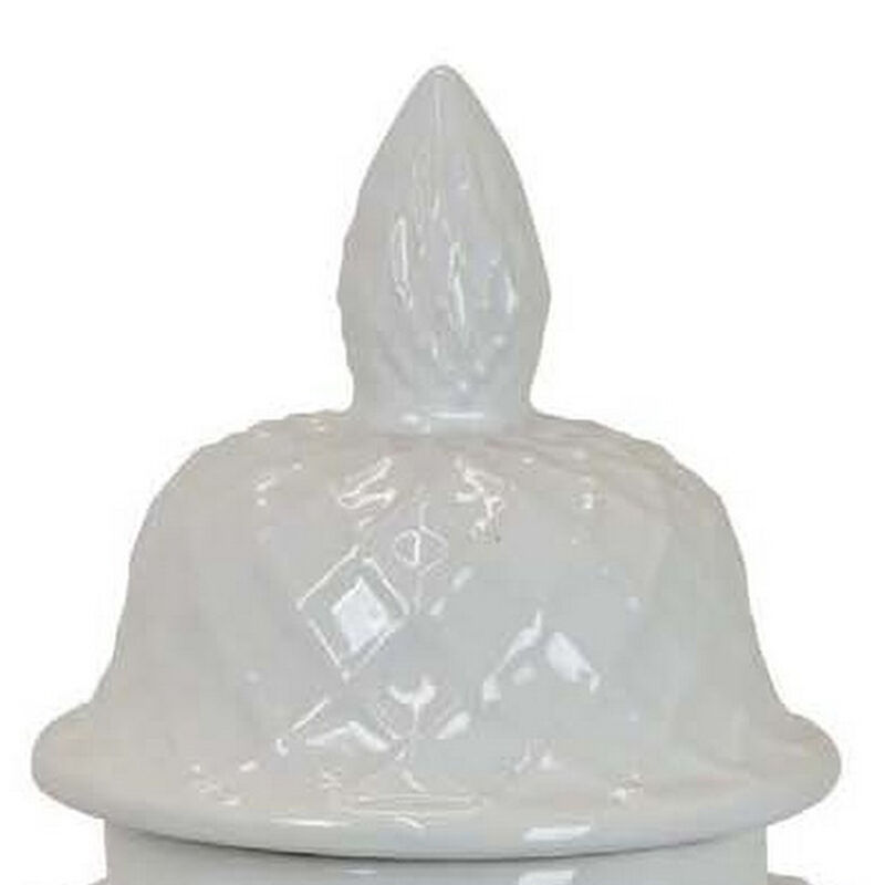 Livie 20 Inch Temple Ginger Jar, Geometric Design, Dome Lid, Ceramic, White - Benzara