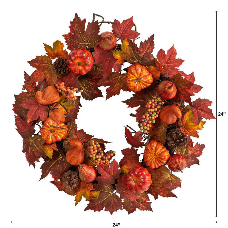 Nearly Natural 24-in Autumn Maple Leaves, Pumpkin, Pinecone and Berries Artificial Fall Wreath