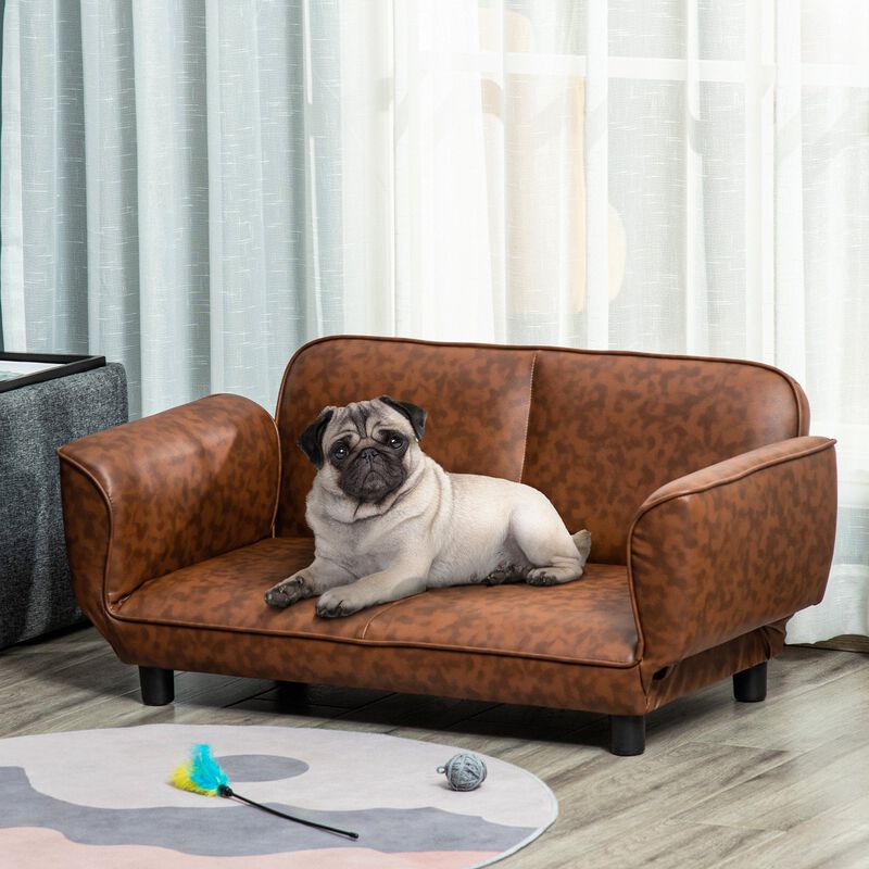 Brown Pet Lounger: 39" Foldable PU Leather Dog Sofa Bed