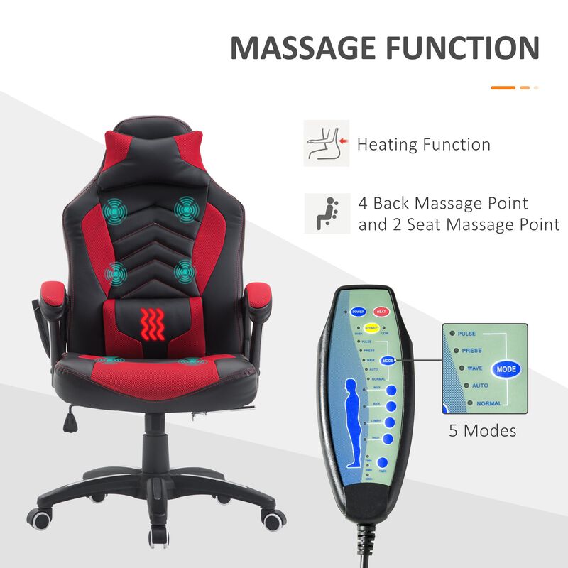 6-Point Vibrating Massage Office Chair High Back Executive Recliner with Lumbar Support, Reclining Back, Adjustable Height, Red/Black