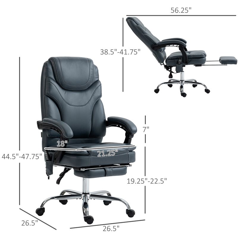 6 Point Vibration Massage Office Chair, PU Leather Heated Reclining Computer Chair with Footrest, Gray