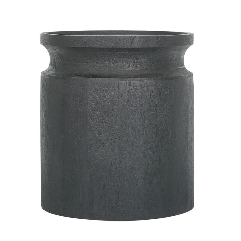 16 Inch Side End Table, Modern Cylinder Jar Like Design, Mango Wood, Black - Benzara