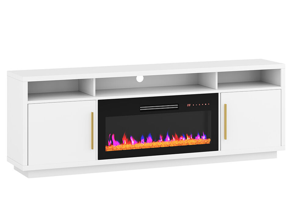 BELLEZE 79" Fireplace TV Stand for TVs Up to 85" With Cat Litter Box, LED Light Entertainment Center with Storage and 36" Electric Fireplace Heater, Large Media Console Table for Living Room, White