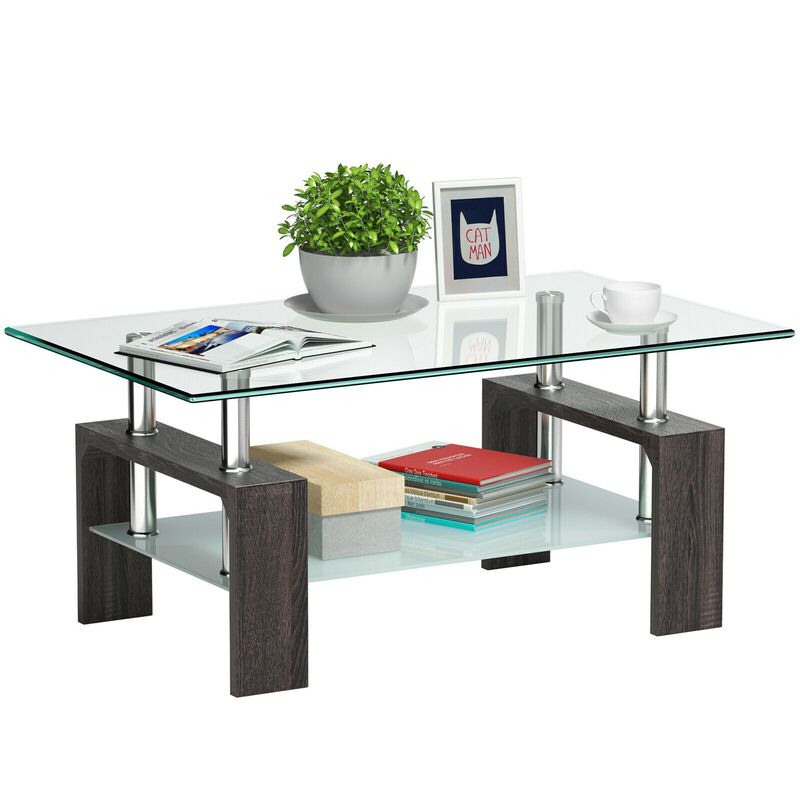Rectangular Tempered Glass Coffee Table with Shelf-Black