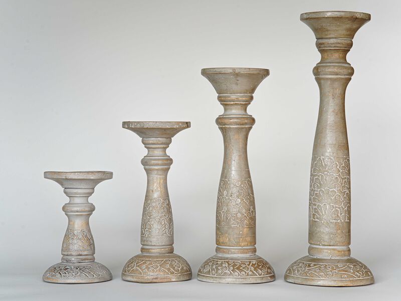Traditional Gray Wash Eco-friendly Handmade Mango Wood Set Of Four 6",9",12" & 15" Pillar Candle Holder BBH