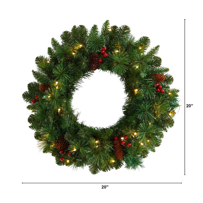 Nearly Natural 20-in Frosted Pine Artificial Christmas Wreath with Pinecones, Berries and 35 Warm White LED Lights