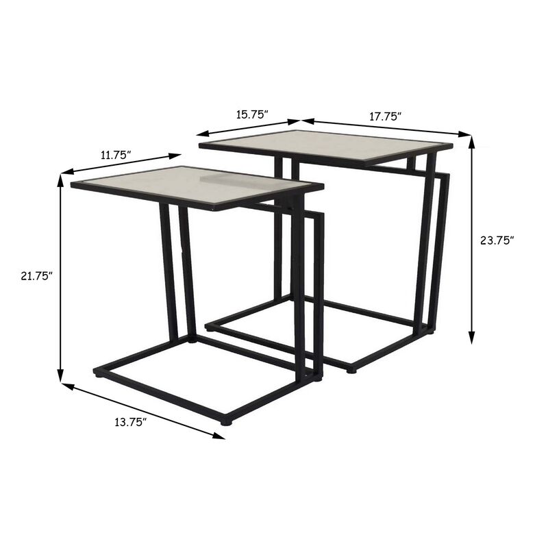 Rim Accent Table Set of 2, Sleek White Marble Top, Black Metal Base - Benzara