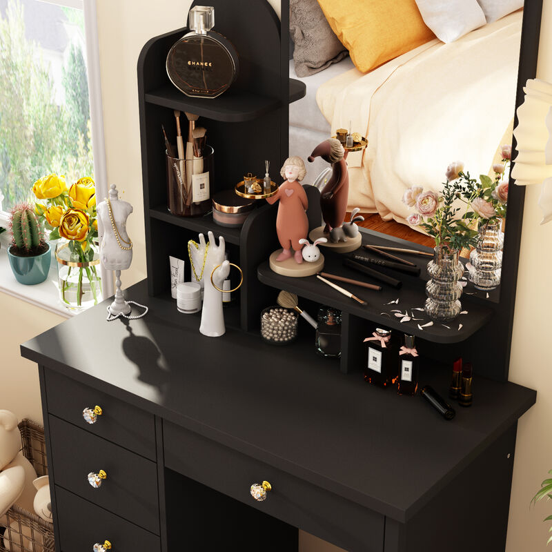 5-Drawers Black Makeup Vanity Sets Wood Dressing Sets With Big Mirror, Stool and 3-Tier Storage Shelves