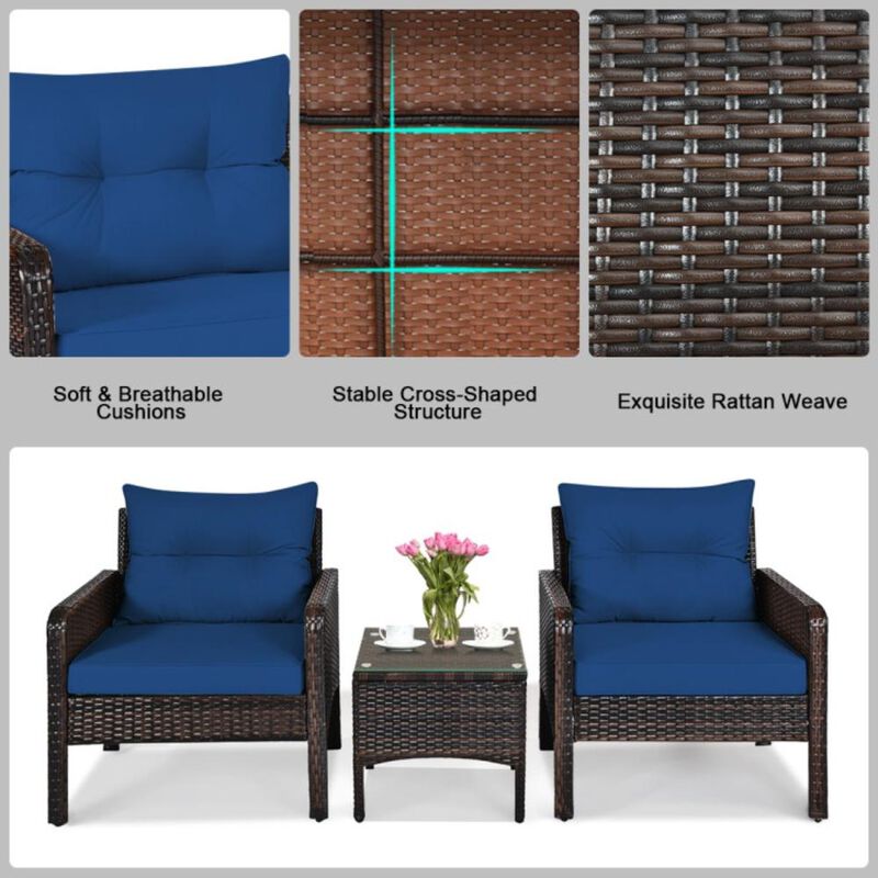 Hivvago 3 Pieces Outdoor Patio Rattan Conversation Set with Seat Cushions