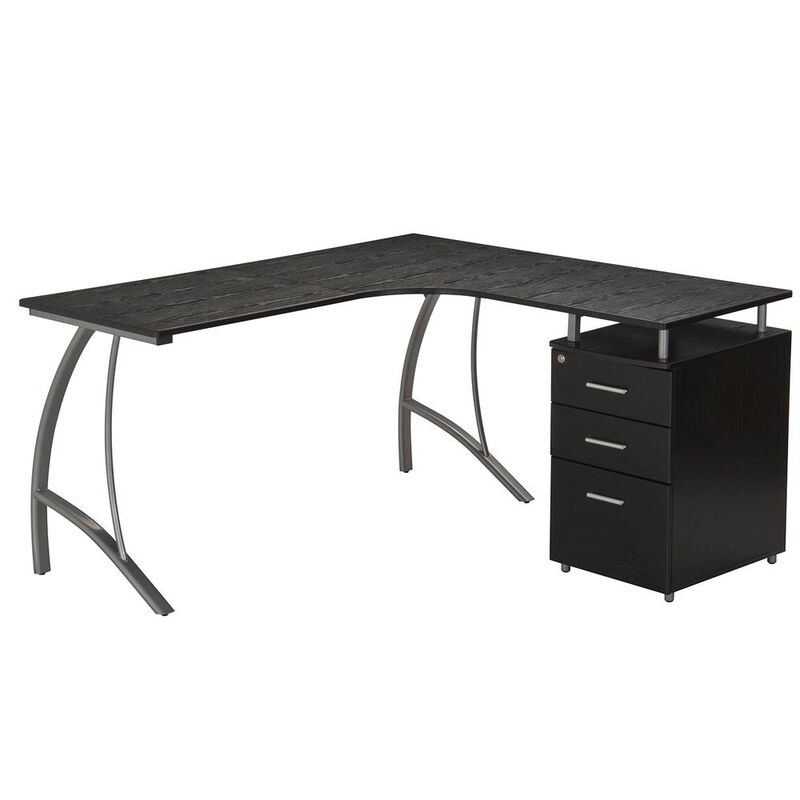 Modern L- Shaped Computer Desk with File Cabinet and Storage. Color: Espresso