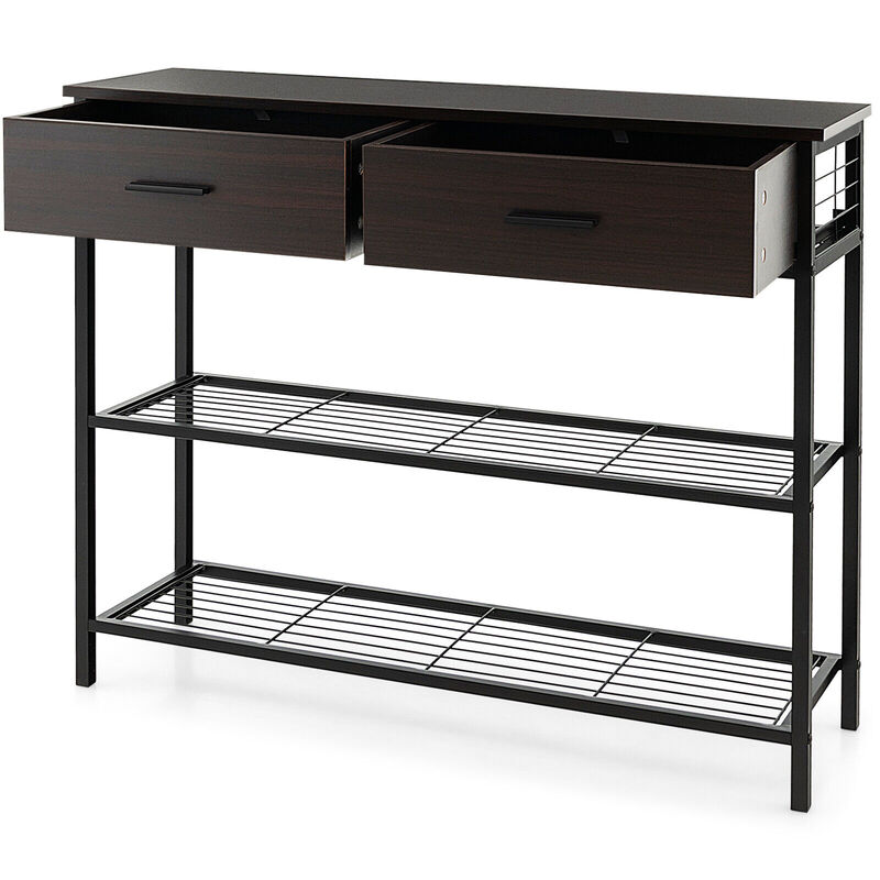 39.5 Inch Entryway Table with 2 Drawers and 2-Tier Shelves-Dark Brown