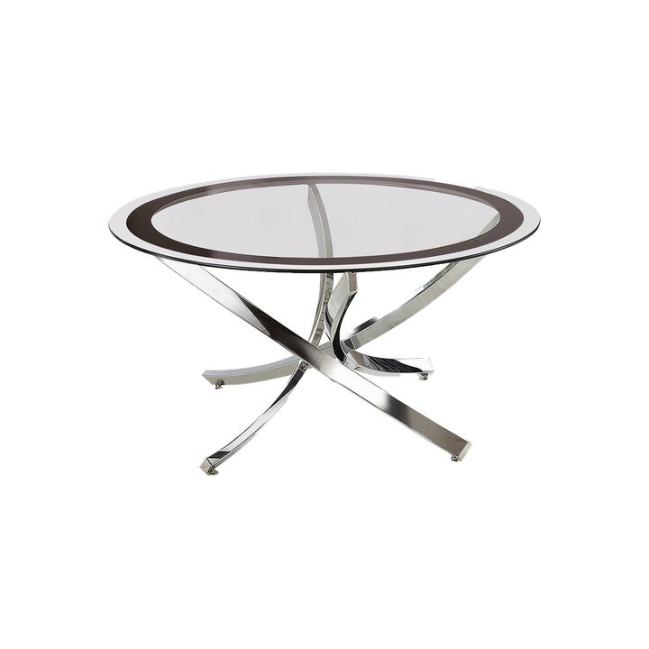 Round Tempered Glass Top Coffee Table with Metal Legs, Silver and Clear